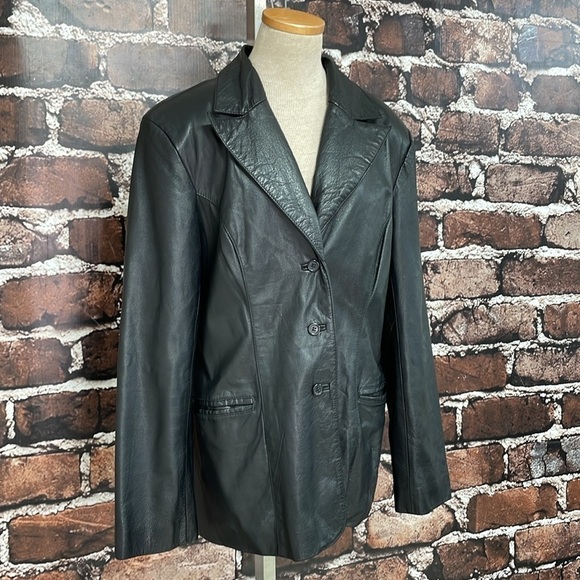 BCBGMAXAZRIA Jacket Women's 12 Black Leather Collar Buttons Pockets Blazer - Picture 8 of 17